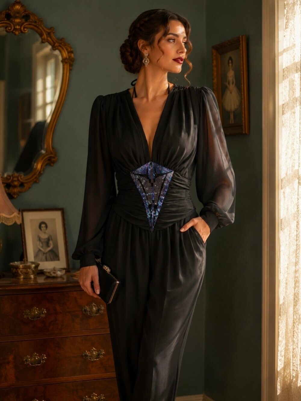Vintage Casadei Black V-Neck Jumpsuit with Blue Sequin Waist Embellishment